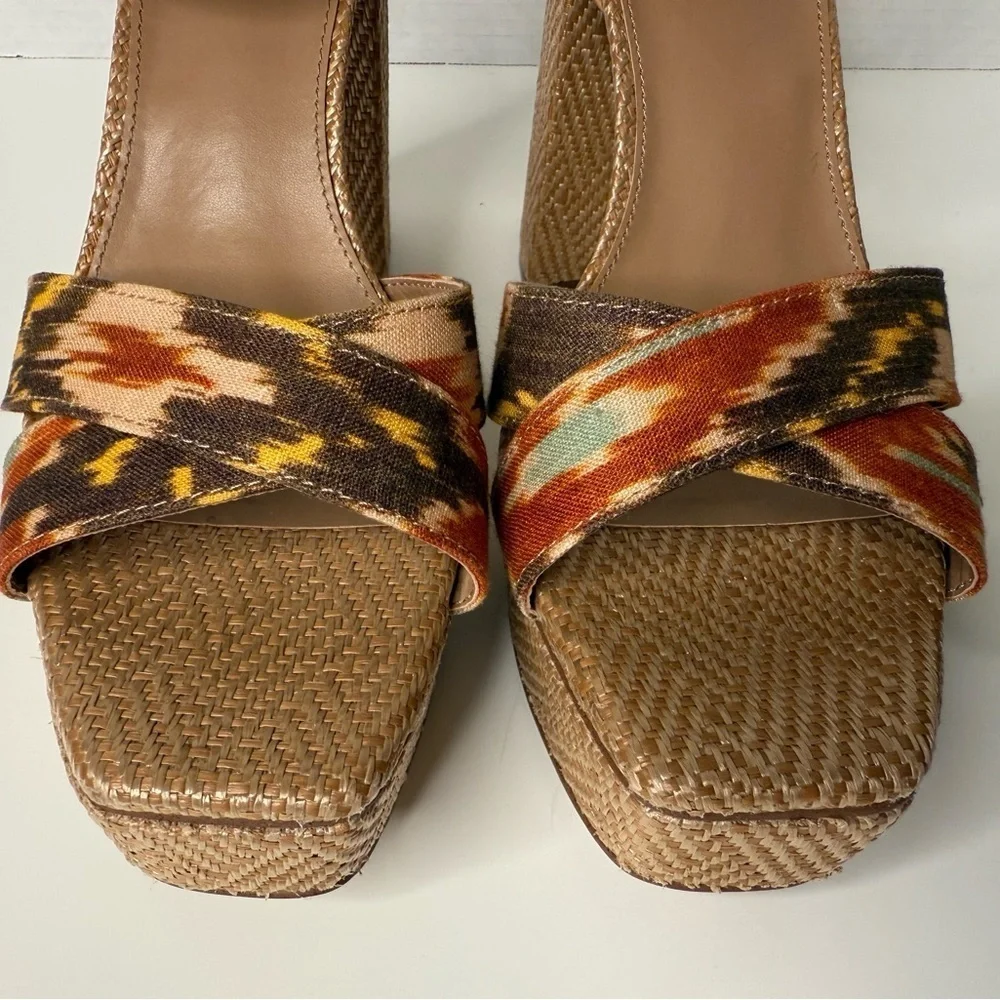 Sam Edelman Women's Nolita Raffia Platform Sandals Size 10.5M Leather Boho Print